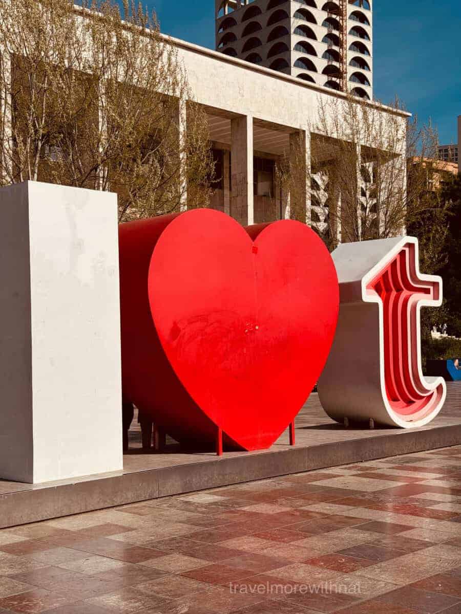 The 'I Love Tirana' sign in Skanderbeg Square is a popular photo spot with its giant red and white letters and heart. Another must-see sight as you explore Tirana on foot.