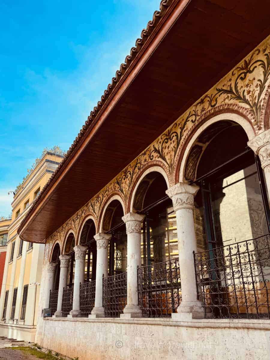 The next stop on your walking tour of Tirana is Et'hem Bej Mosque, which you'll see has decorative columns on the exterior. 
