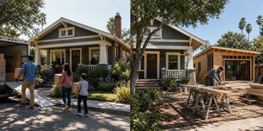 North Park San Diego Craftsman home with moving day on one side and ADU construction in backyard illustrating sell vs build decision