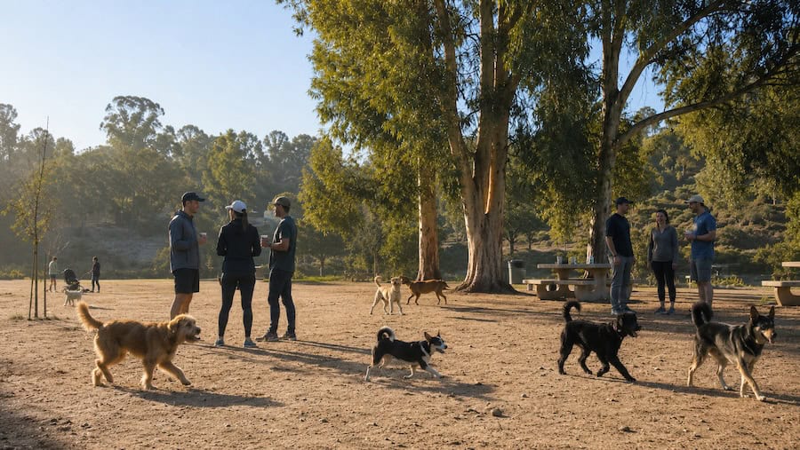 Dogs playing on the dirt field at Morley Field Dog Park in North Park San Diego with owners chatting under eucalyptus trees on a sunny morning