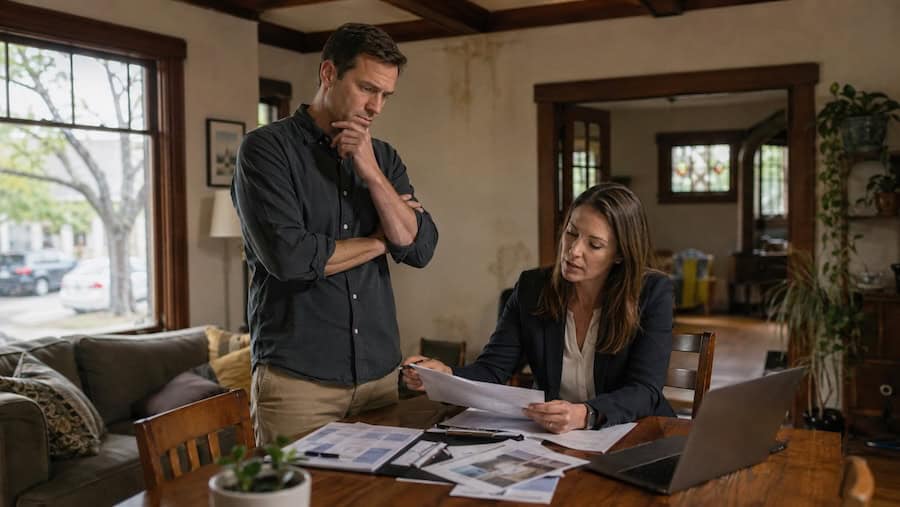 North Park homeowner reviews disclosure and insurance paperwork with a real estate agent inside a Craftsman home with signs of water damage.