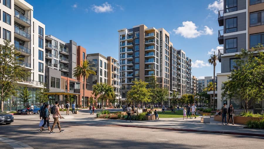 Proposed mixed-use educator workforce housing development in University Heights San Diego with modern apartment buildings, landscaped courtyards, pedestrian walkways, and residents enjoying public outdoor spaces.