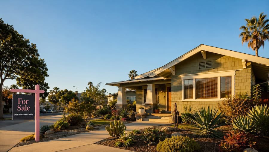 Charming San Diego Craftsman bungalow in a North Park-style neighborhood with drought-tolerant landscaping and a McT Real Estate Group For Sale sign during golden hour, illustrating effective home pricing strategy