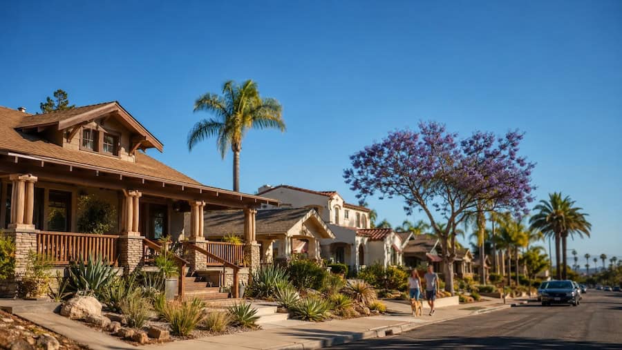 Sunny North Park, San Diego residential street with restored Craftsman and Spanish Revival homes, drought-tolerant front yards, palm trees, a blooming jacaranda, and a couple walking a dog under a deep blue morning sky.
