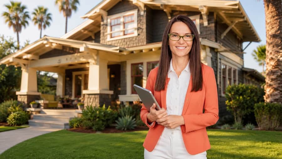 North Park San Diego real estate agent standing in front of restored Craftsman bungalow at golden hour