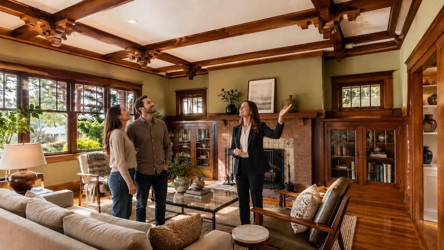 Young couple touring a restored Craftsman bungalow living room in North Park San Diego with their realtor, admiring exposed wood beam ceilings, built-in cabinets, hardwood floors, and a brick fireplace.