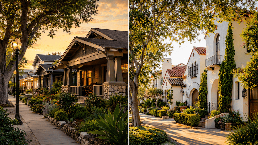 Split-screen golden hour view comparing North Park and Kensington in San Diego, with Craftsman bungalows and tree-lined sidewalks on the left and Spanish-style homes with red tile roofs on the right.