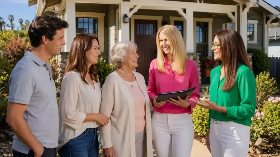 Realtors helping an elderly mother and her adult children discuss selling a Craftsman home in San Diego.