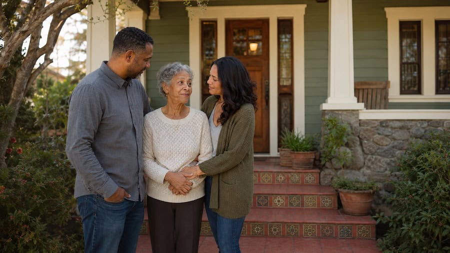 Two middle-aged adult children stand with their elderly mother on the front porch of an older Craftsman home, sharing a quiet conversation in soft natural daylight.