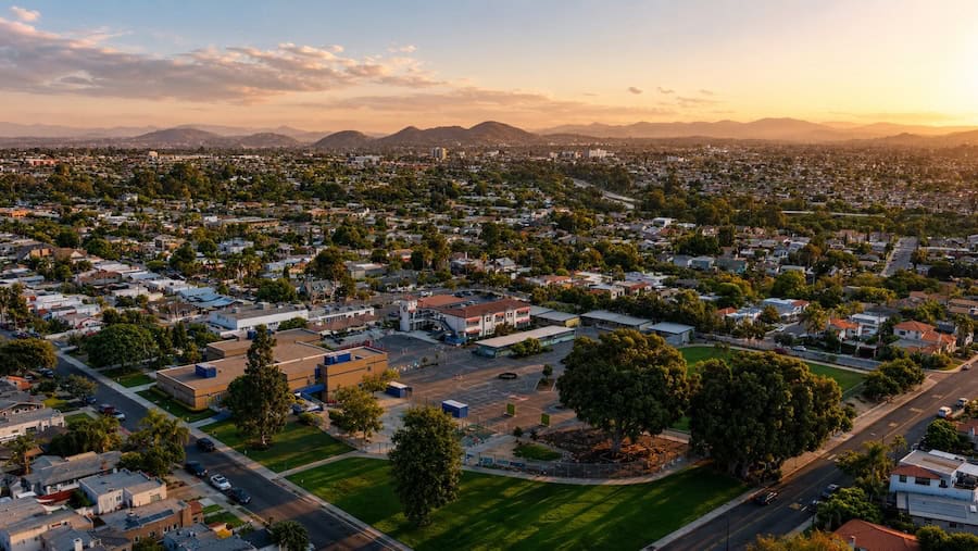 a drone view from above McKinley Elementary School shows ample room for exercise in North Park.