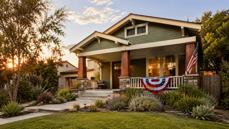 Restored Craftsman bungalow in North Park San Diego decorated for July 4th, highlighting historic architecture, curb appeal, and strong buyer demand for neighborhood homes.