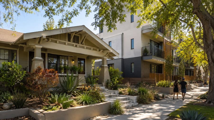 Historic Craftsman bungalow next to modern infill apartments on a tree-lined North Park street with native landscaping and pedestrians.