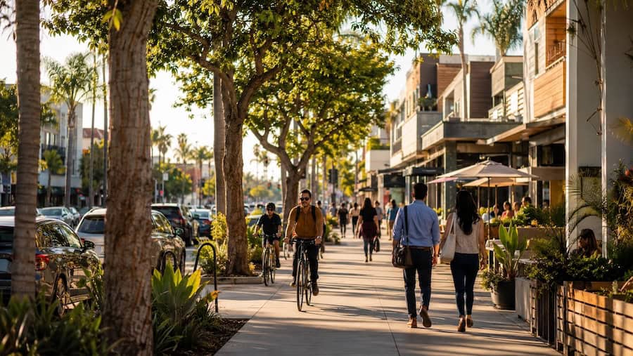 Tree-lined sidewalk in North Park San Diego with cyclists and pedestrians near neighborhood cafés and storefronts