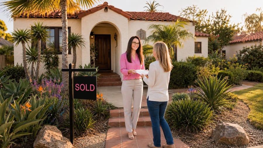 Real estate agent handing sold home documents to a homeowner in front of a Spanish Revival bungalow in San Diego.