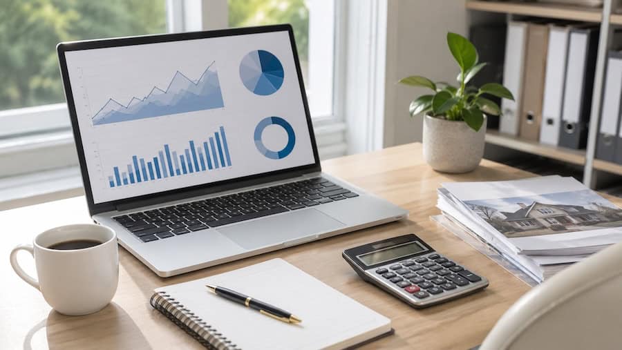 Bright modern desk with a laptop displaying real estate market charts, a calculator, notepad, property documents, and a cup of coffee.