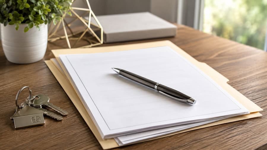 Neatly organized homeowner association documents in a manila folder with a pen and house keys on a wood table