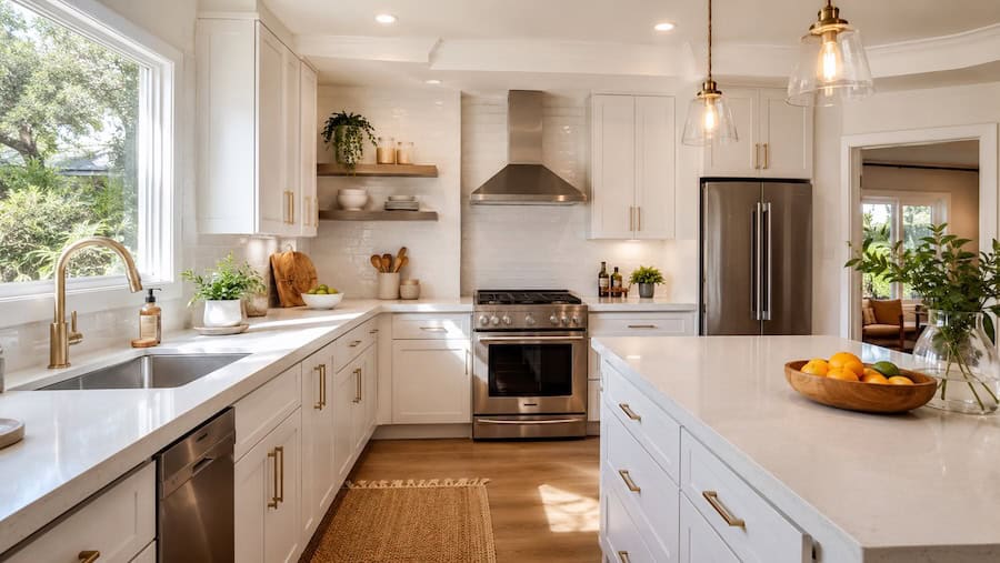 Freshly renovated San Diego bungalow kitchen with white shaker cabinets, quartz counters, modern pendant lighting, and natural daylight