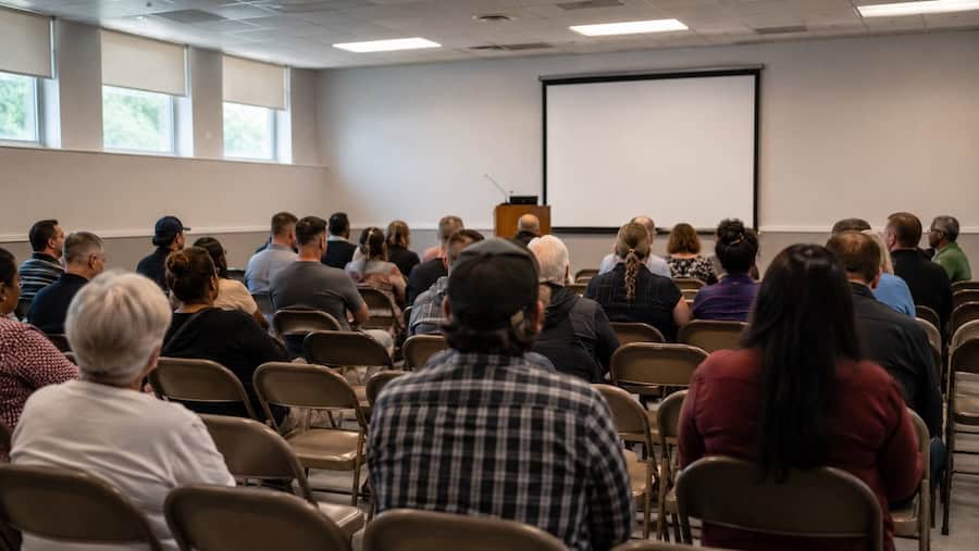Residents seated in a municipal community meeting room listening to a presentation in San Diego.