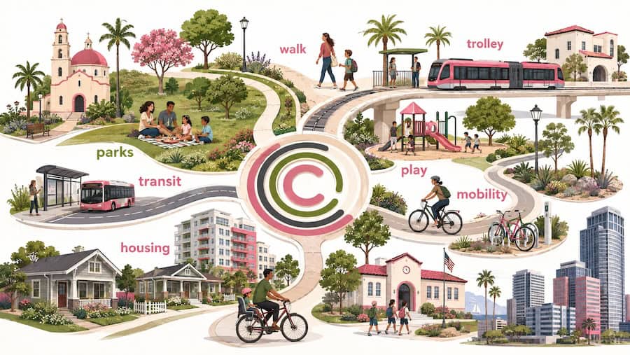 Illustration of a San Diego complete community with housing, parks, public transit, trolley access, walking, biking, playgrounds, and schools.