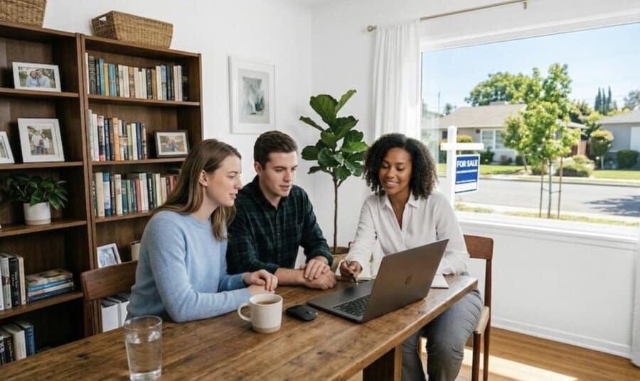 A young couple, a real estate agent in a white shirt, and a laptop are at a wooden desk with a window view of a house.