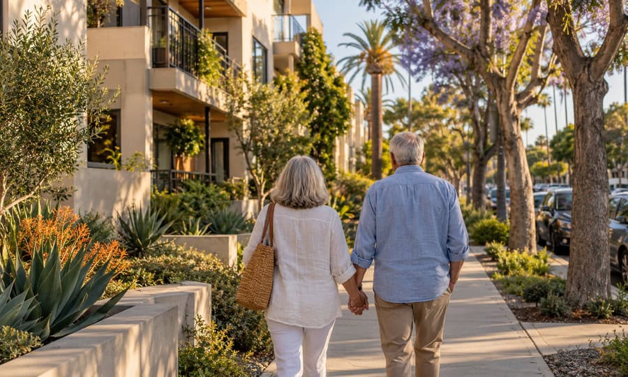 Older couple walking toward a condo in San Diego while downsizing from a North Park home