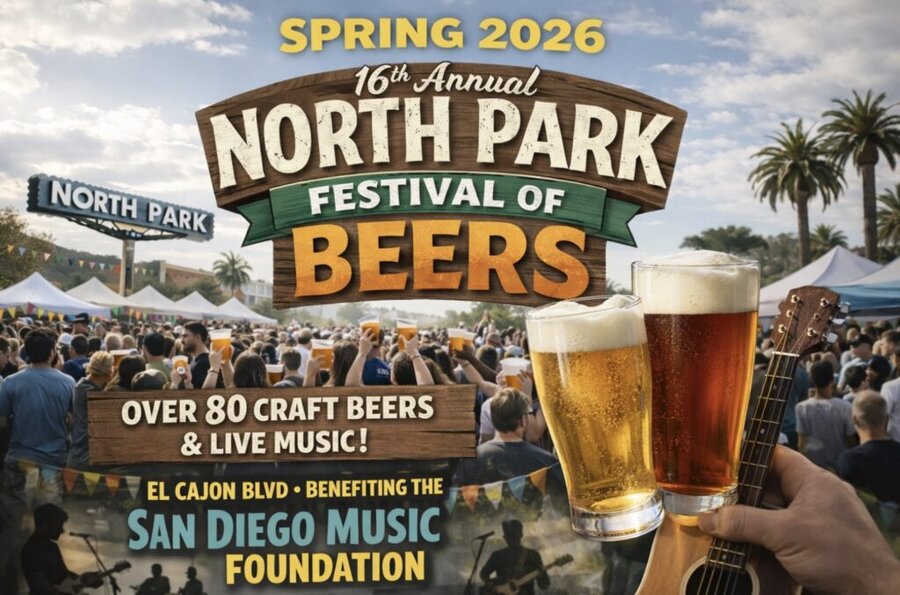 image of the 16th Annual North Park Festival of Beers in Spring 2026 on El Cajon Boulevard, San Diego, showing a large crowd enjoying craft beer, live music stage, palm trees, festival tents, and two full beer glasses in the foreground, benefiting the San Diego Music Foundation.