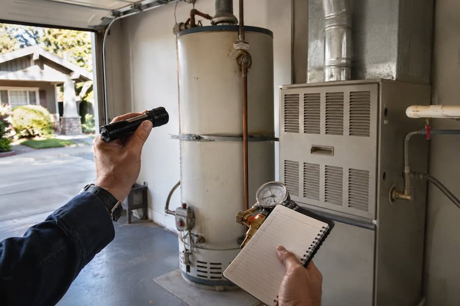 Home inspector checking an older water heater and furnace in the garage of a San Diego Craftsman home.