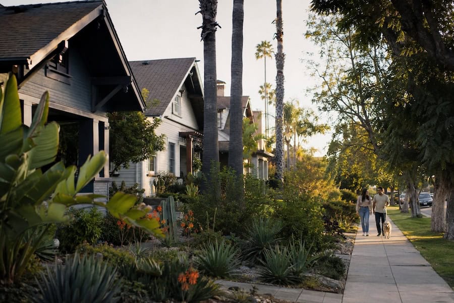 Couple walking their dog along a tree-lined University Heights street with Craftsman bungalows, palm trees, and warm late-afternoon sunlight.