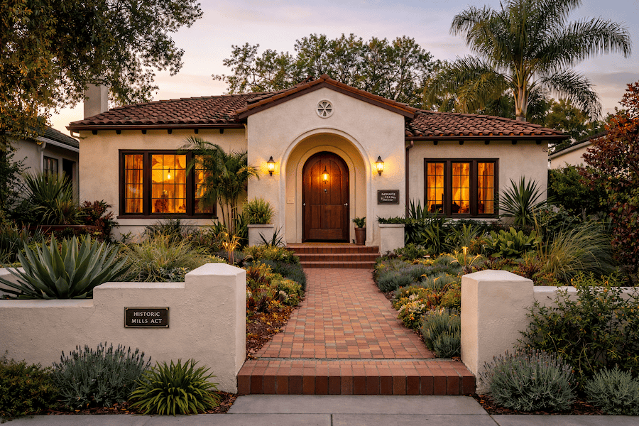 Beige Spanish Style Home with Mills Act plaque