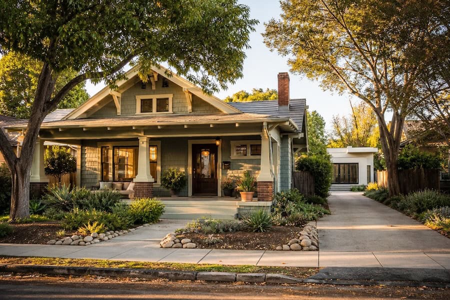 North Park San Diego Craftsman bungalow with ADU, tree-lined street, wide front porch, and golden hour lighting