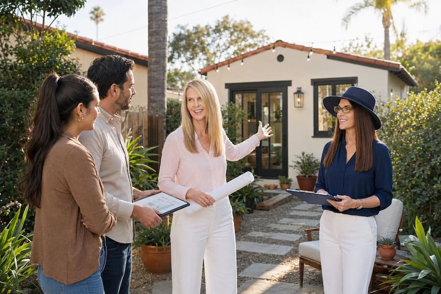 North park realtors advising homeowners about ADU options in a backyard with a detached casita.