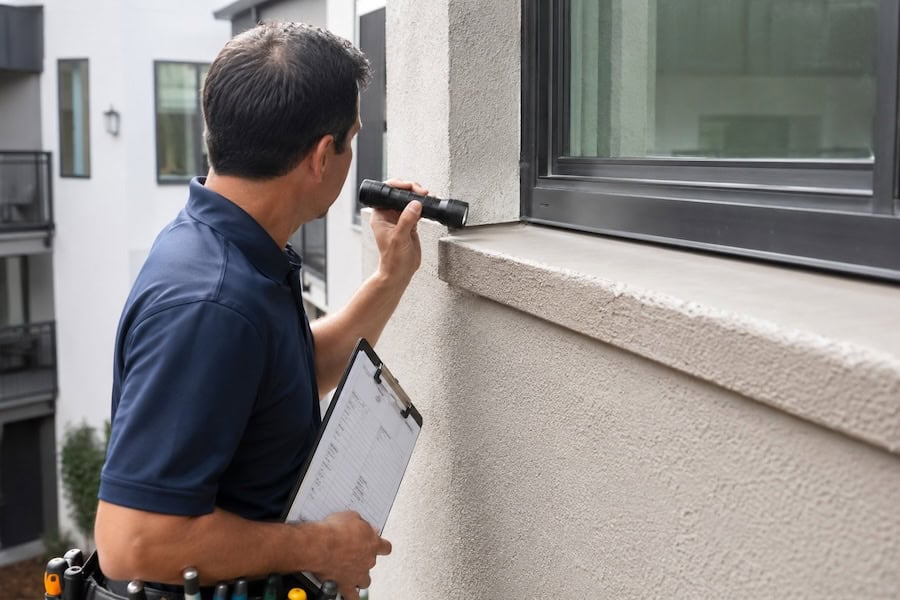 Independent inspection of a new construction condo exterior in San Diego before closing