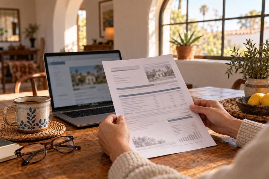 hands holding a property tax bill next to a laptop on a kitchen table in a San Diego home