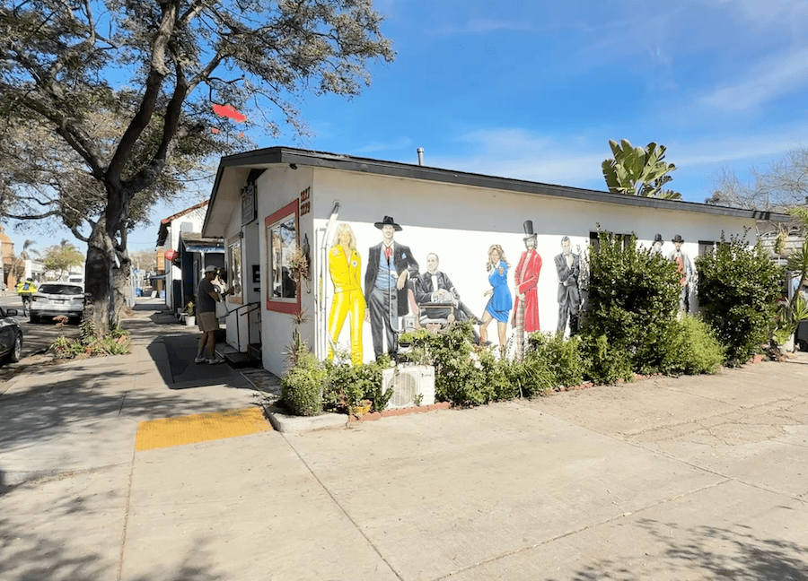 South Park San Diego Vinyl Junkie storefront with colorful character mural on the exterior wall, sidewalk landscaping, and clear blue sky.