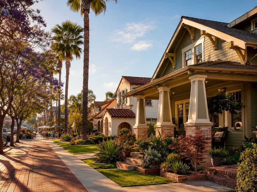 Golden-hour view of a North Park residential street with a restored Craftsman bungalow, palm and jacaranda trees, Spanish-style neighboring homes, and a warm walkable neighborhood feel.