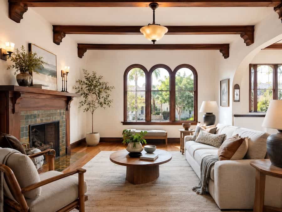 Updated North Park Craftsman bungalow living room with honey-toned hardwood floors, exposed wood beams, Batchelder tile fireplace, arched windows, and warm natural light