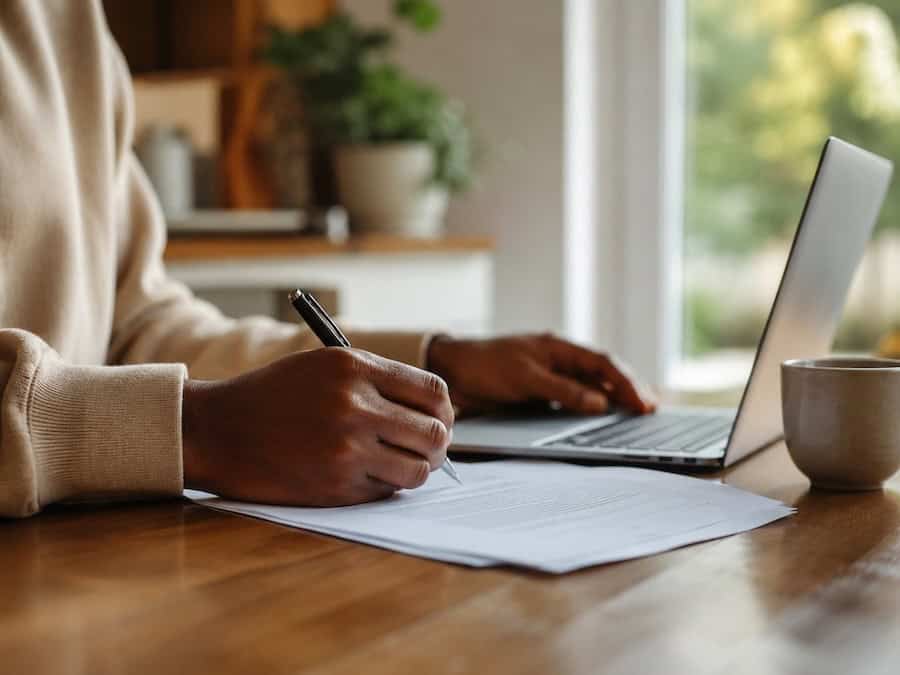 Out-of-state seller signing North Park home sale documents remotely on a laptop