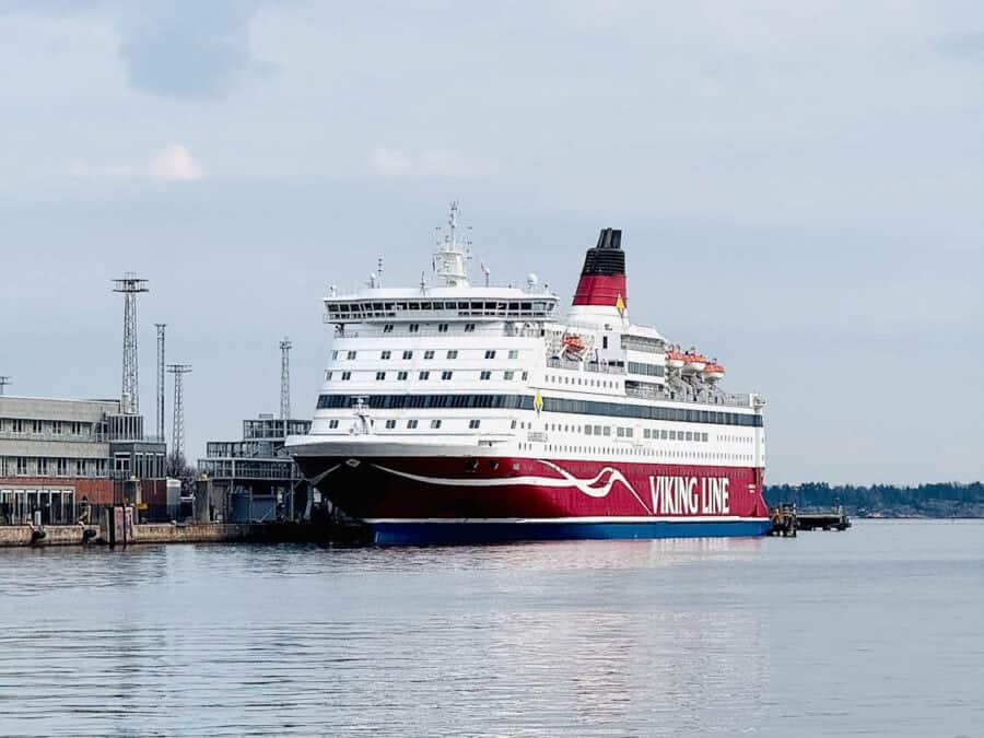 Viking Line ferry docked at the port in Helsinki, just after the Tallinn to Helsinki ferry journey across the Baltic Sea.
