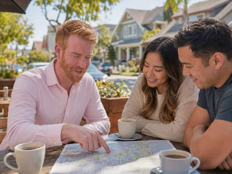 Friendly real estate agent in a pale pink dress shirt reviews a neighborhood map with a young couple at an outdoor cafe table in North Park San Diego.