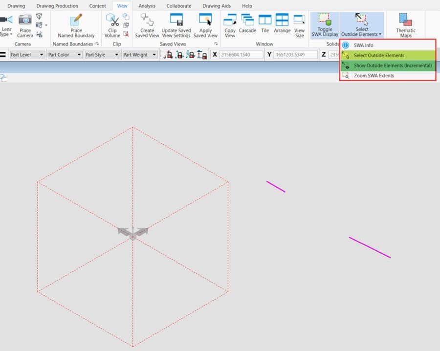 Sélection d'éléments en dehors de la zone de travail des solides dans BeCAD.
