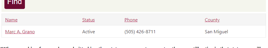 A screenshot of Marc A. Grano's "Active" New Mexico Bar Association (NMBA) status.