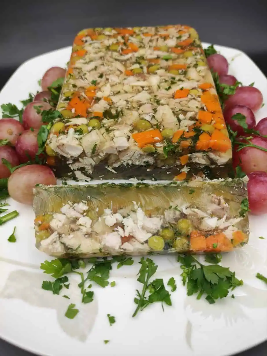 Chicken aspic made with peas and carrots.