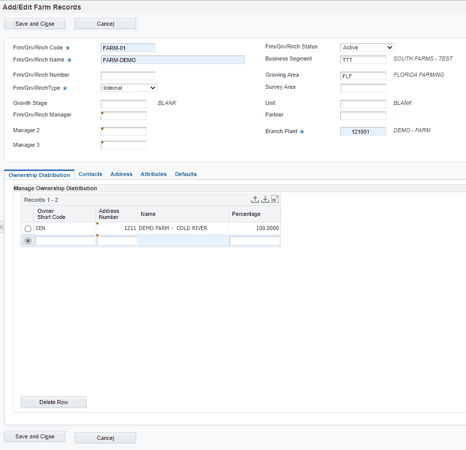 JD Edwards EnterpriseOne Grower Management Farm Records