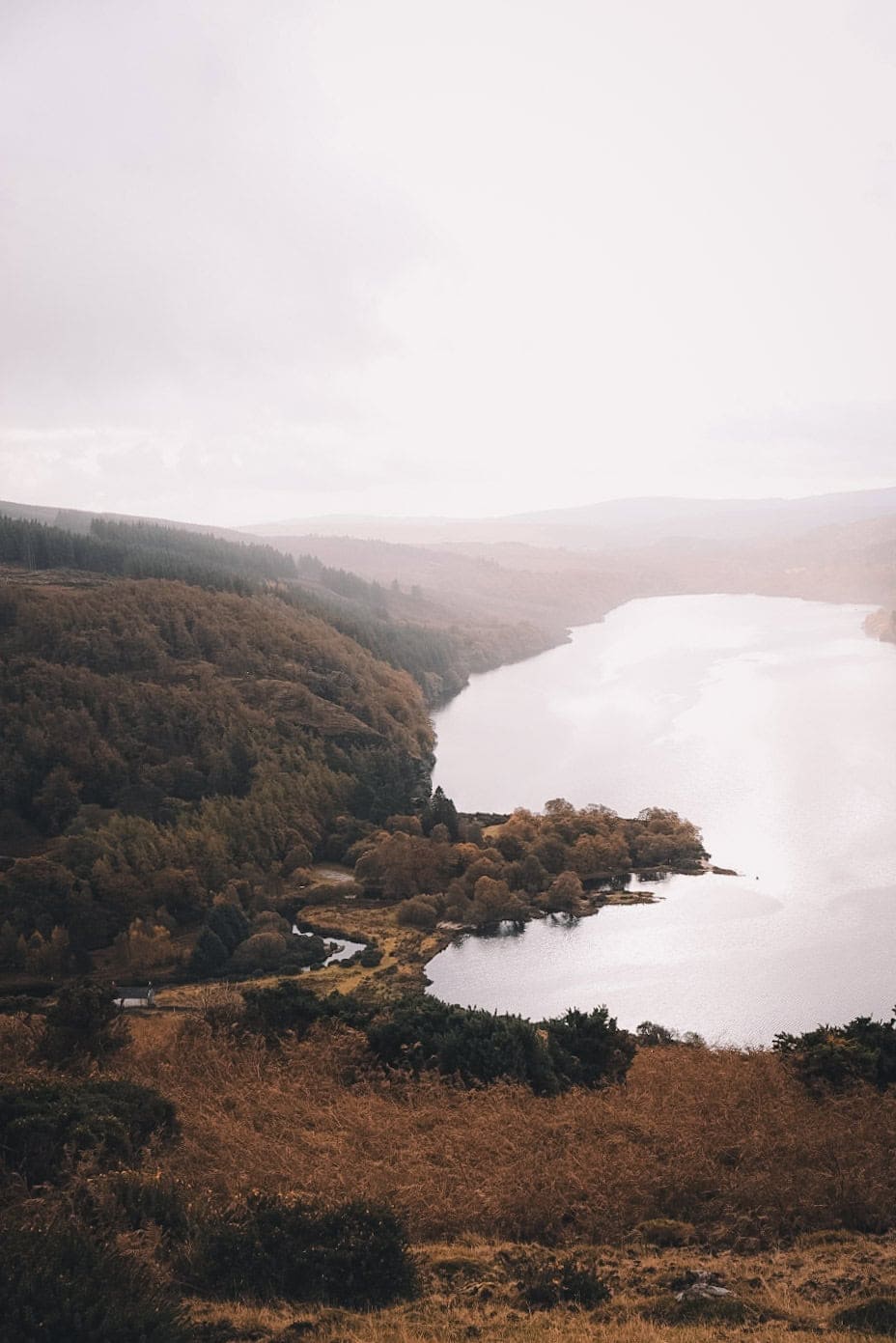A sweeping view of Lough Dan from the slopes of Knocknacloghoge, with the lake reflecting the muted light of the cloudy sky. The surrounding hills are covered in autumnal foliage, creating a serene and natural atmosphere.