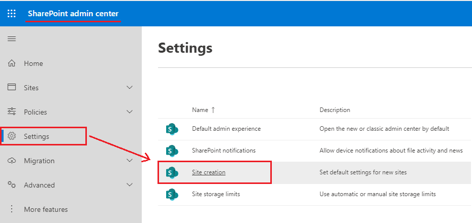 SharePoint Admin Center Setting