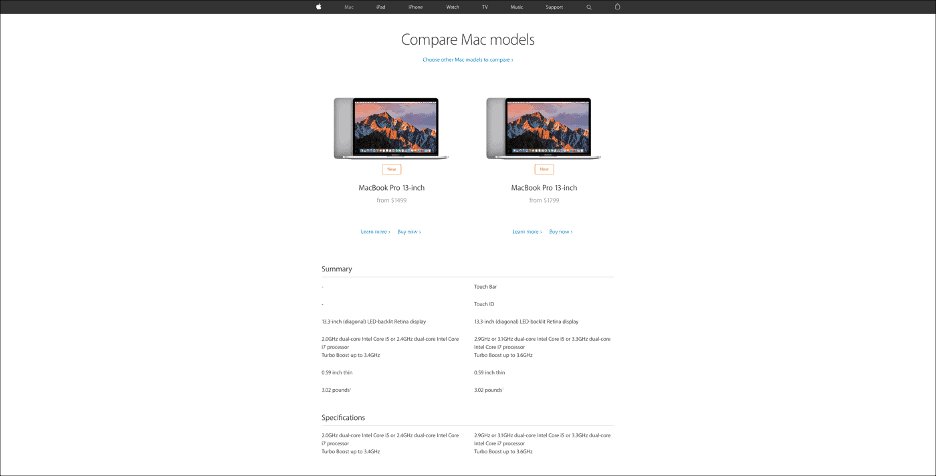 ❌ La tabella di confronto dinamica di Apple per i suoi computer Mac limitava inutilmente gli utenti al confronto di due articoli, anche su schermi molto grandi. ❌ La tabella di confronto dinamica di Apple per i suoi computer Mac limitava inutilmente gli utenti al confronto di due articoli, anche su schermi molto grandi.