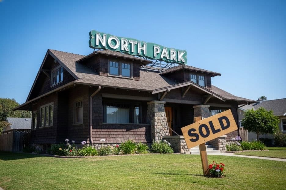 San Diego 2026 Real Estate Forecast: Iconic North Park iconic sign atop a Craftsman home and sold sign in front
