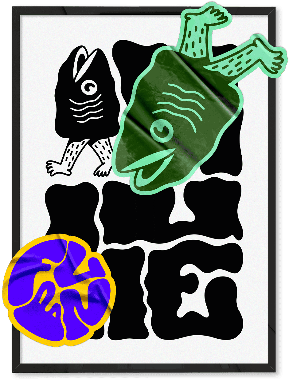 Flabben Shop säljer en postern - Ålahue – Ålagille vid Haväng. Ett ålhuvud med ben som går. Texten är kreativt utformad och bildar ordet Ålahue. Humor och urban design – perfekt vägghumor för ditt hem. Heminredning