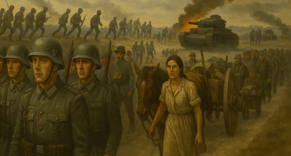 Duitse opmars tijdens de Slag om Frankrijk (mei–juni 1940), met soldaten, vluchtelingen en tanks in actie.