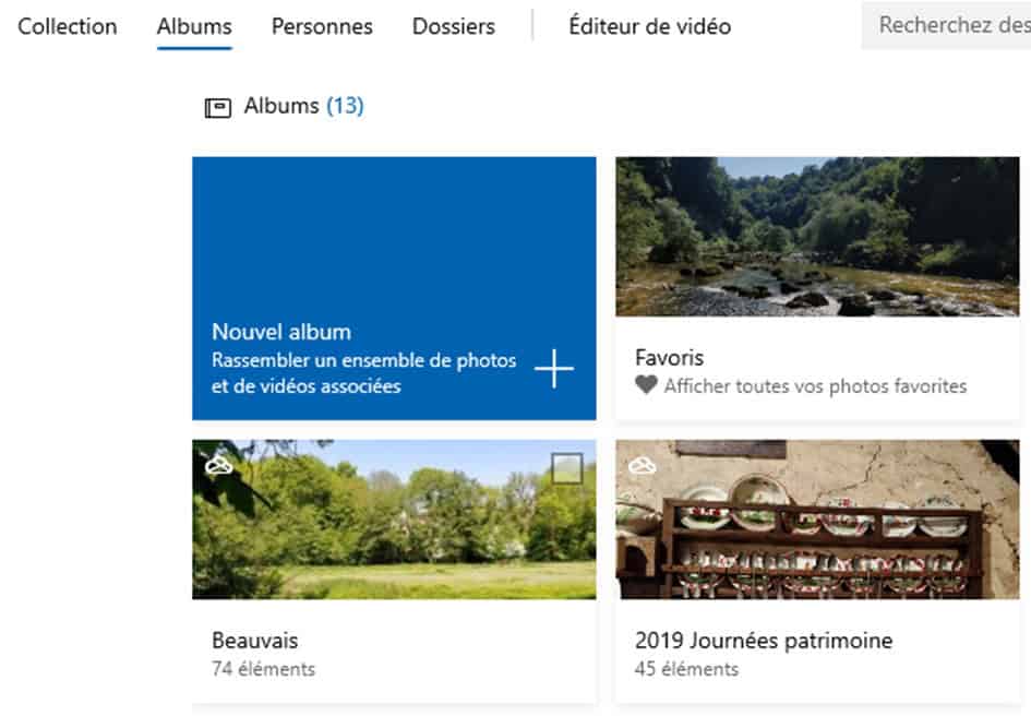 L'onglet Albums de Microsoft Photos